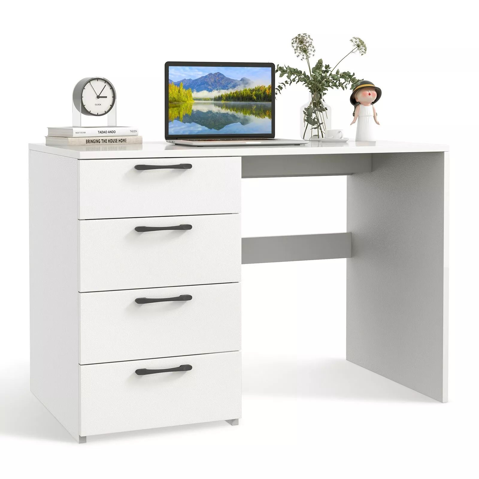 Costway 4 Drawers Computer Desk Modern Writing Desk Compact Laptop PC Table Workstation in White