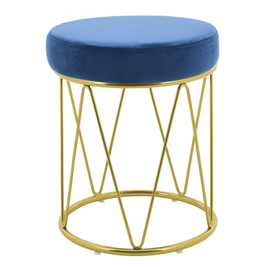 Puffy Velvet Stool In Blue With Gold Stainless Steel Base