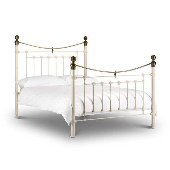 Victory Metal Double Bed In Stone White With Real Brass Effect
