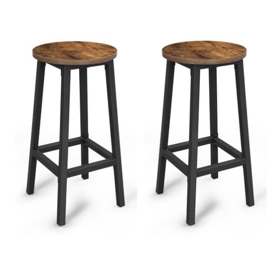 Gulf Rustic Brown Round Wooden Tall Bar Stools In Pair