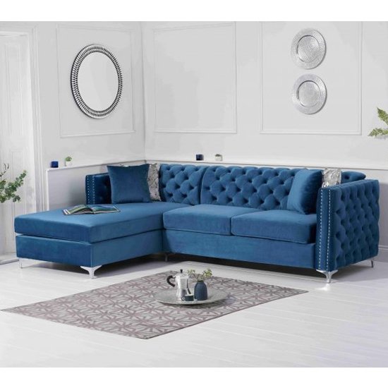 Maxo Velvet Upholstered Left Handed Chaise Corner Sofa In Blue