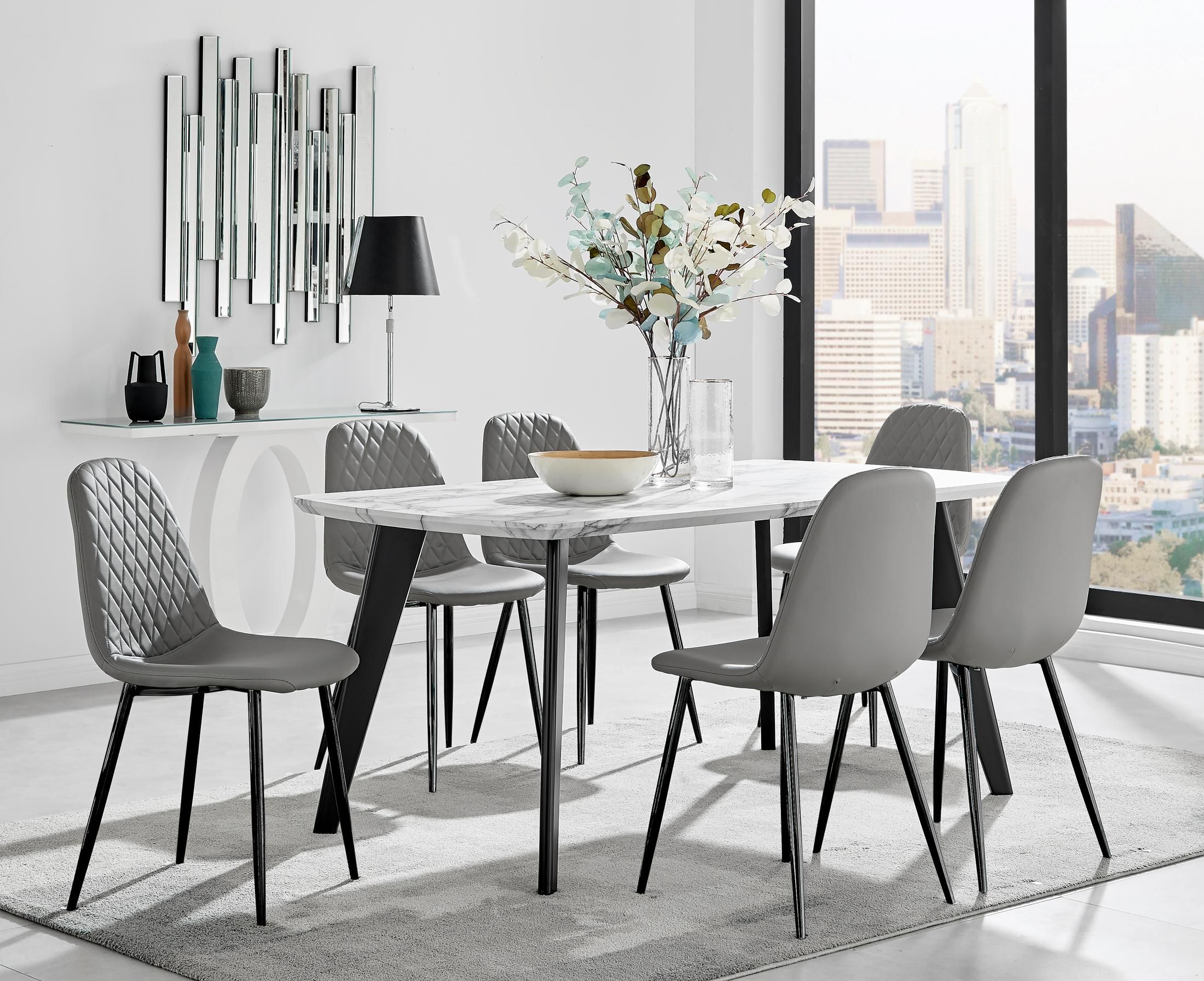 FurnitureboxUK Andria White Marble Effect & Black Leg 6 Seater Dining Table & 6 Corona Faux Leather Chairs in Grey