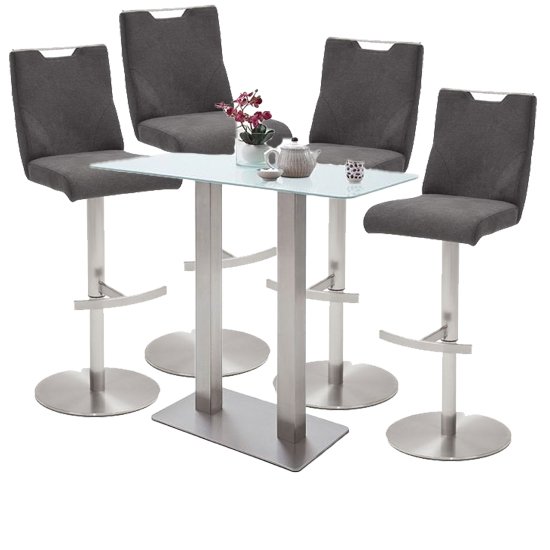 Soho White Glass Bar Table 4 Jiulia Fabric Anthracite Stools