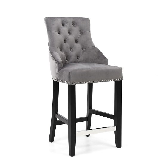 Appleby Bar Chair In Brushed Velvet Grey With Wooden Legs