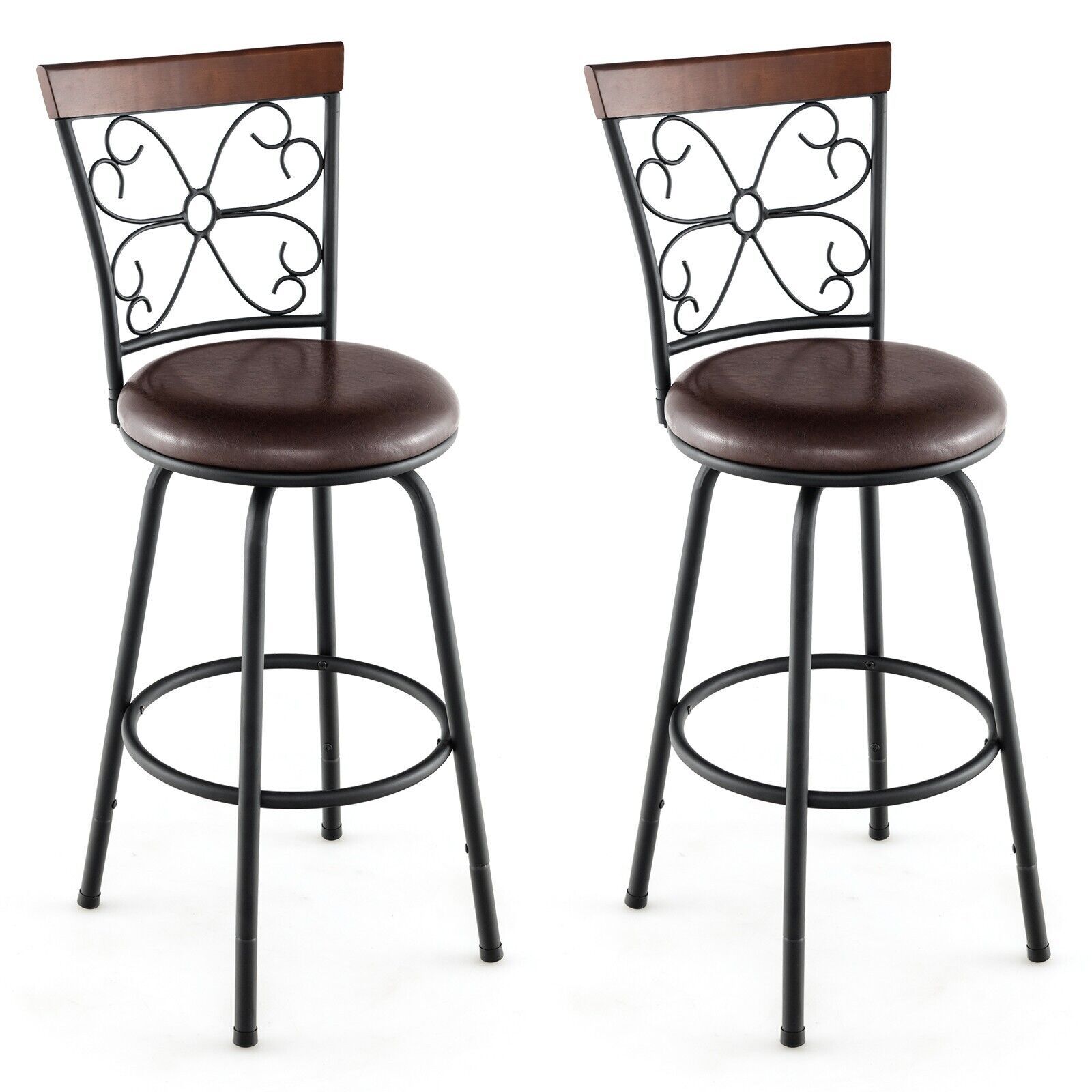 Costway Set of 2 Bar Stool Adjustable Height Swivel Kitchen Dining Chair in Brown