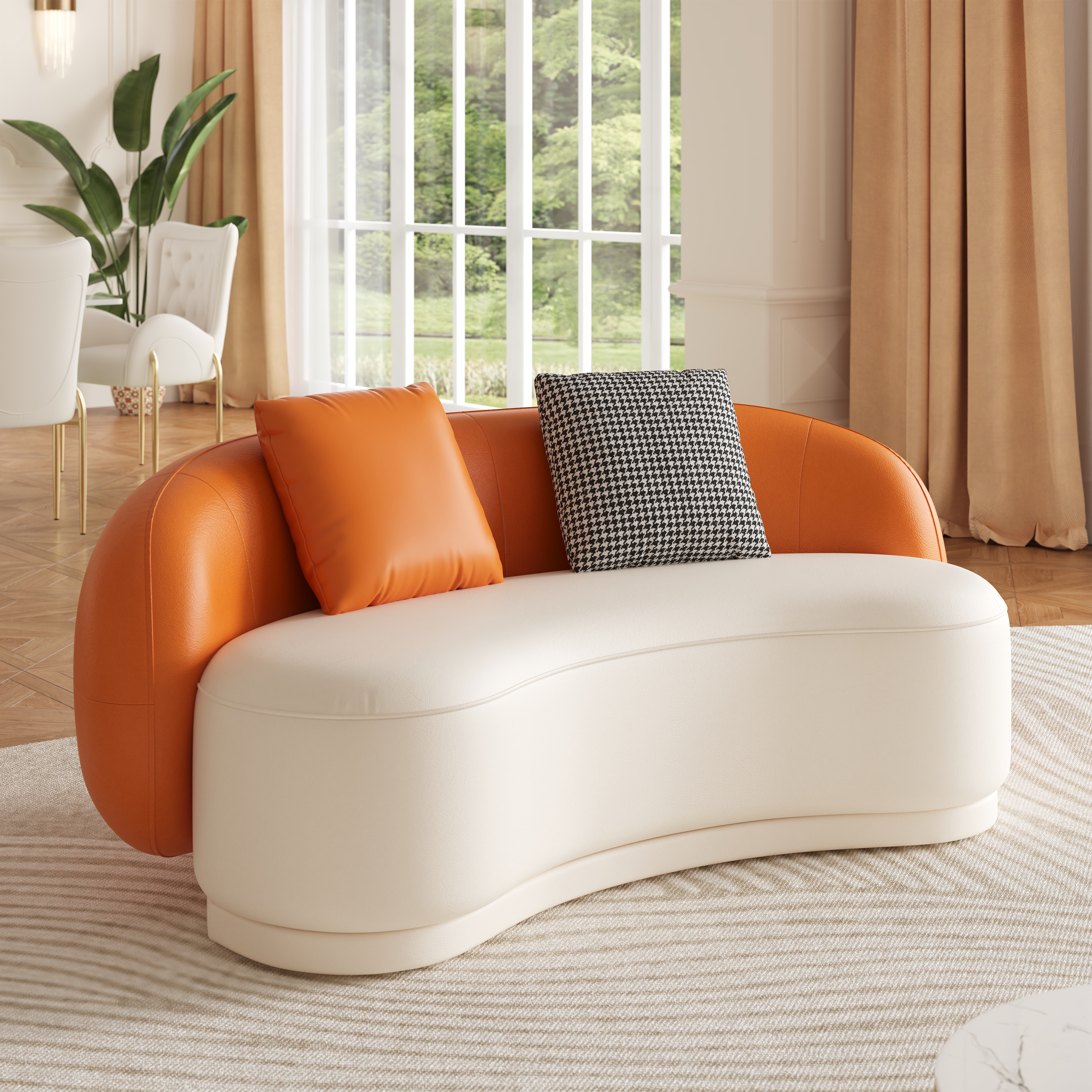 Suncurve 175 cm Performance Leather Curved Upholstered Sofa with Pillows