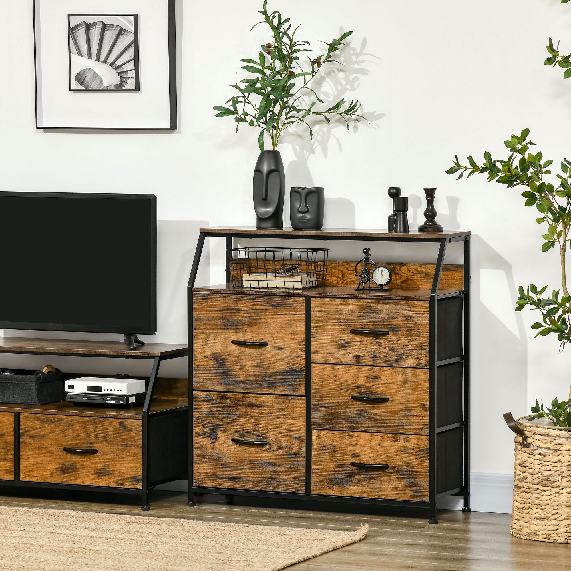 HOMCOM Industrial Drawer Chest 5 Drawers Dresser with Open Shelf in Brown