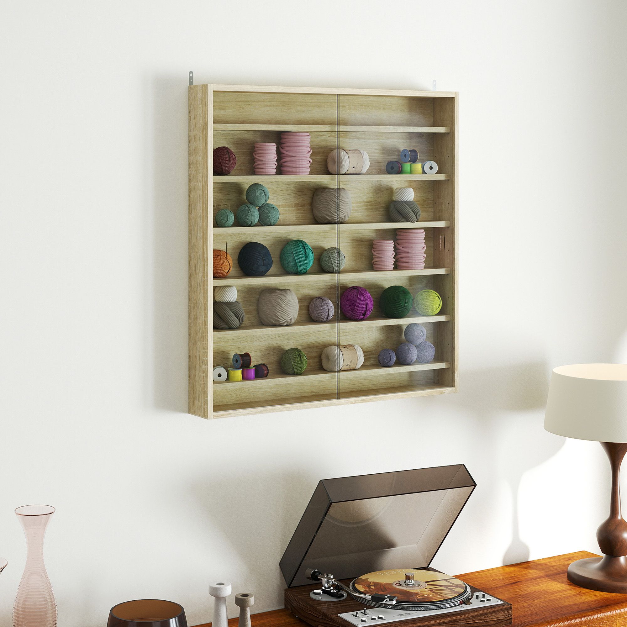 HOMCOM 7-Tier Wall Display Cabinet w/ Shelves Glass Doors in Light Brown