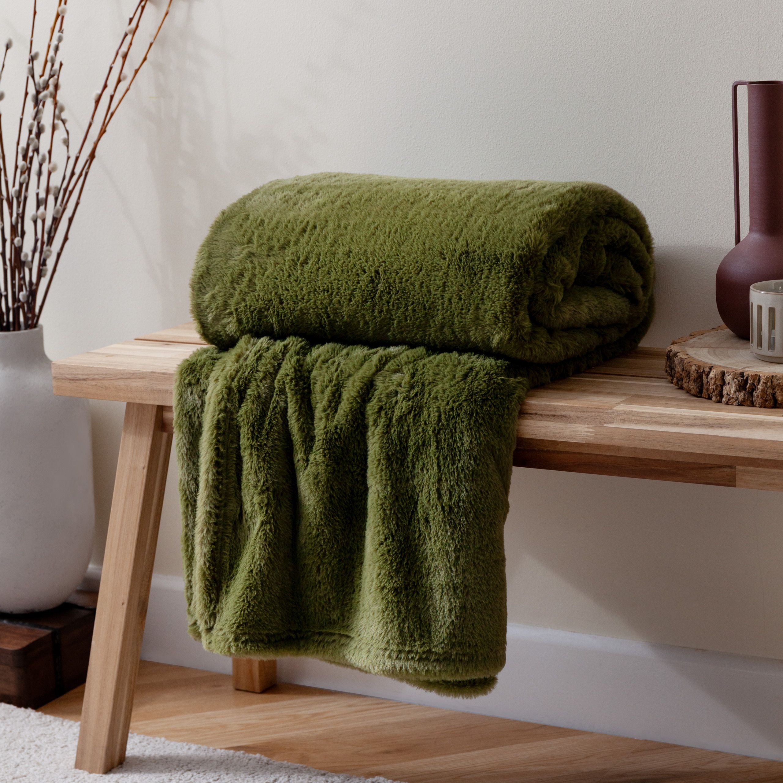 Furn Kallu Reversible Faux-Fur Throw in Olive