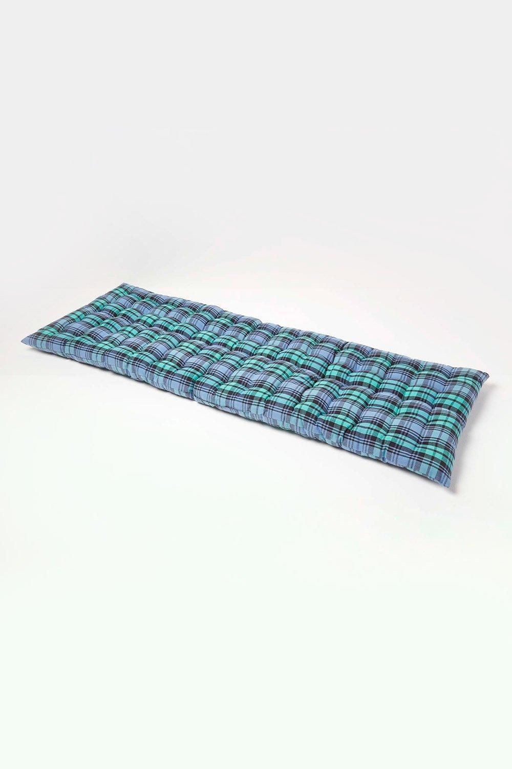 Homescapes Garden Bench Cushion Luxury 3 Seat Cotton Green Tartan Indoor Outdoor Pad
