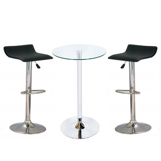 Bente Glass Bar Table With 2 Stratos Black Bar Stools