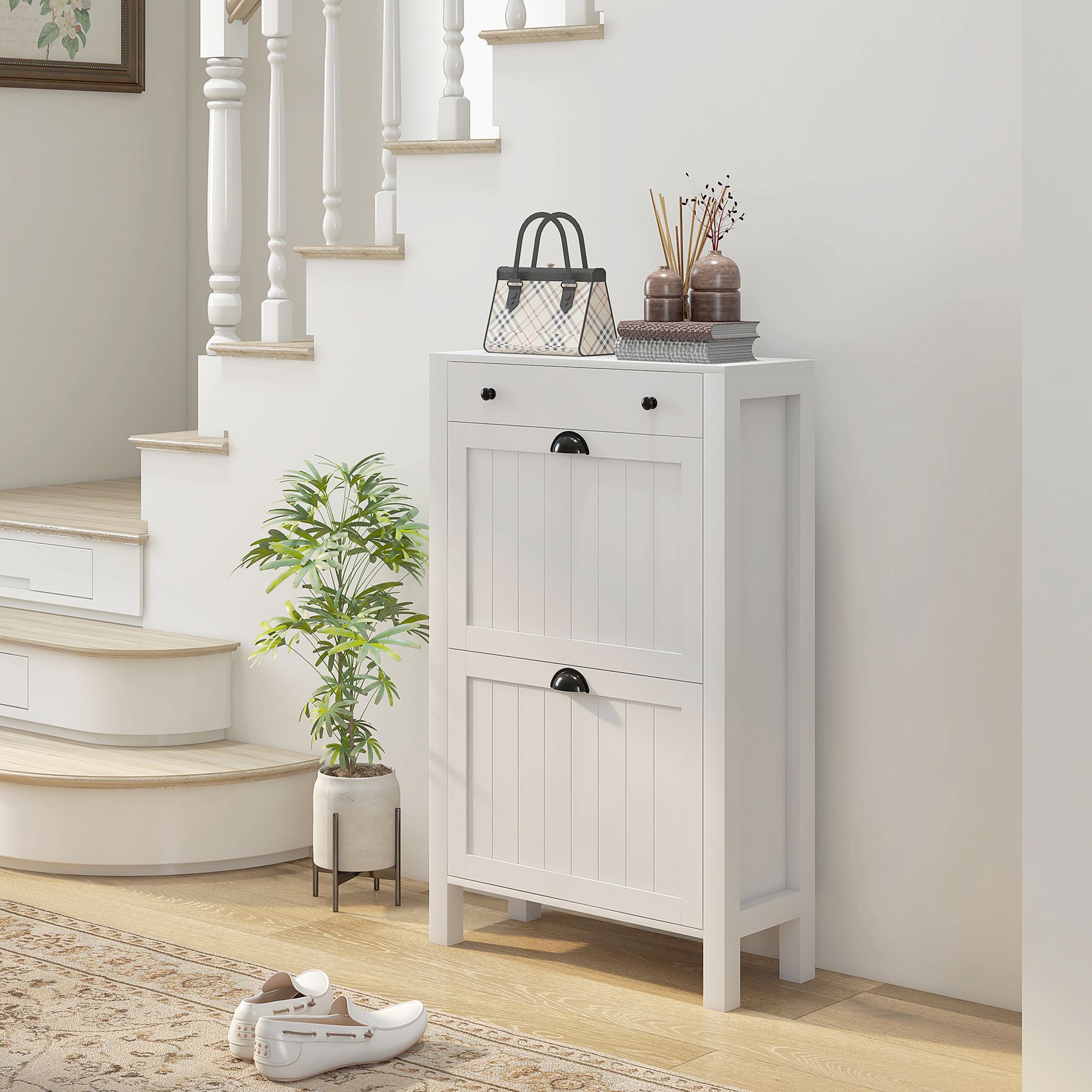 HOMCOM Narrow Shoe Cabinet with 2 Flip Drawers & Top Drawer, White
