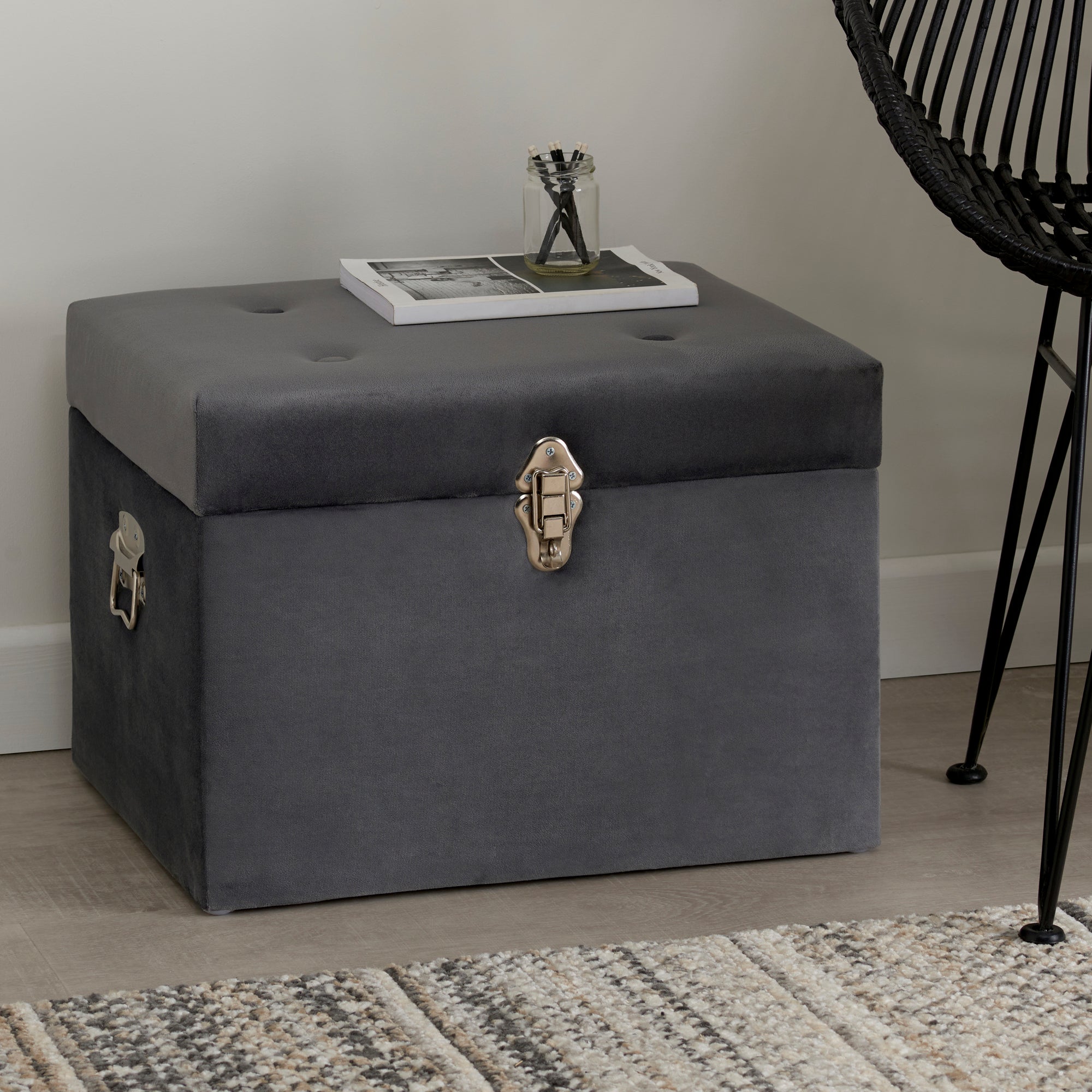 Luxe Grey Velvet Storage Trunk Grey