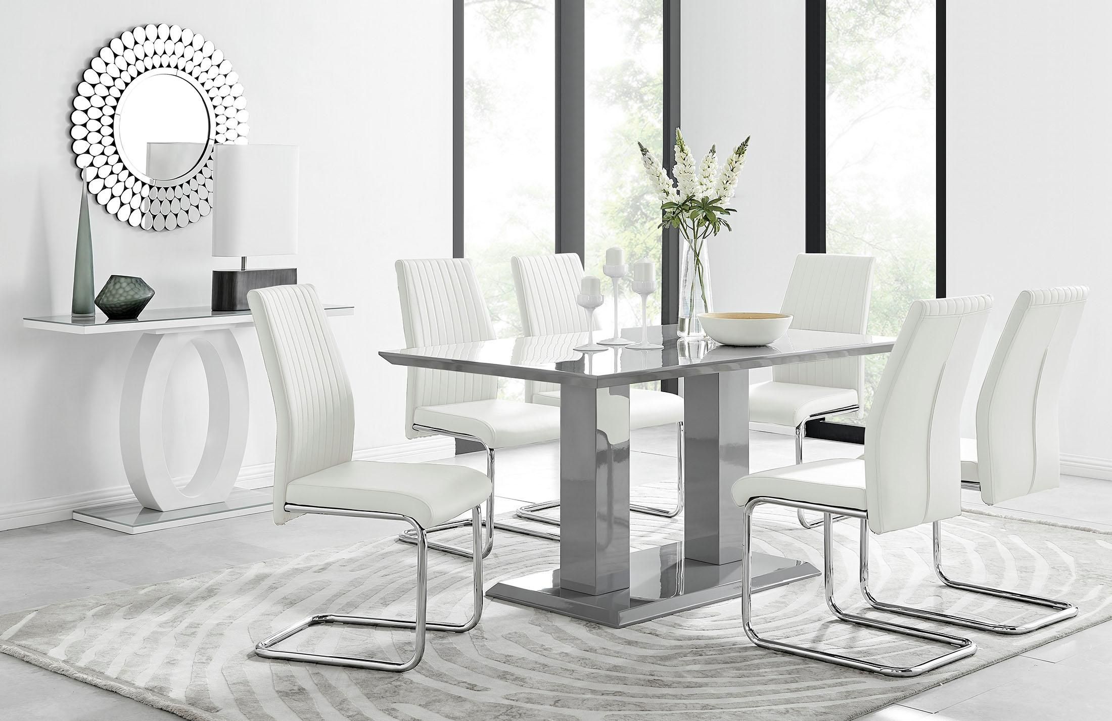 FurnitureboxUK Imperia Grey Modern High Gloss Dining Table & 6 Lorenzo Dining Chairs Set in Off-White