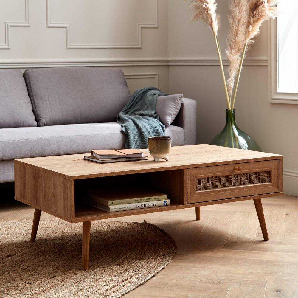 sweeek Coffee Table With Wood & Cane Effect in Light Brown