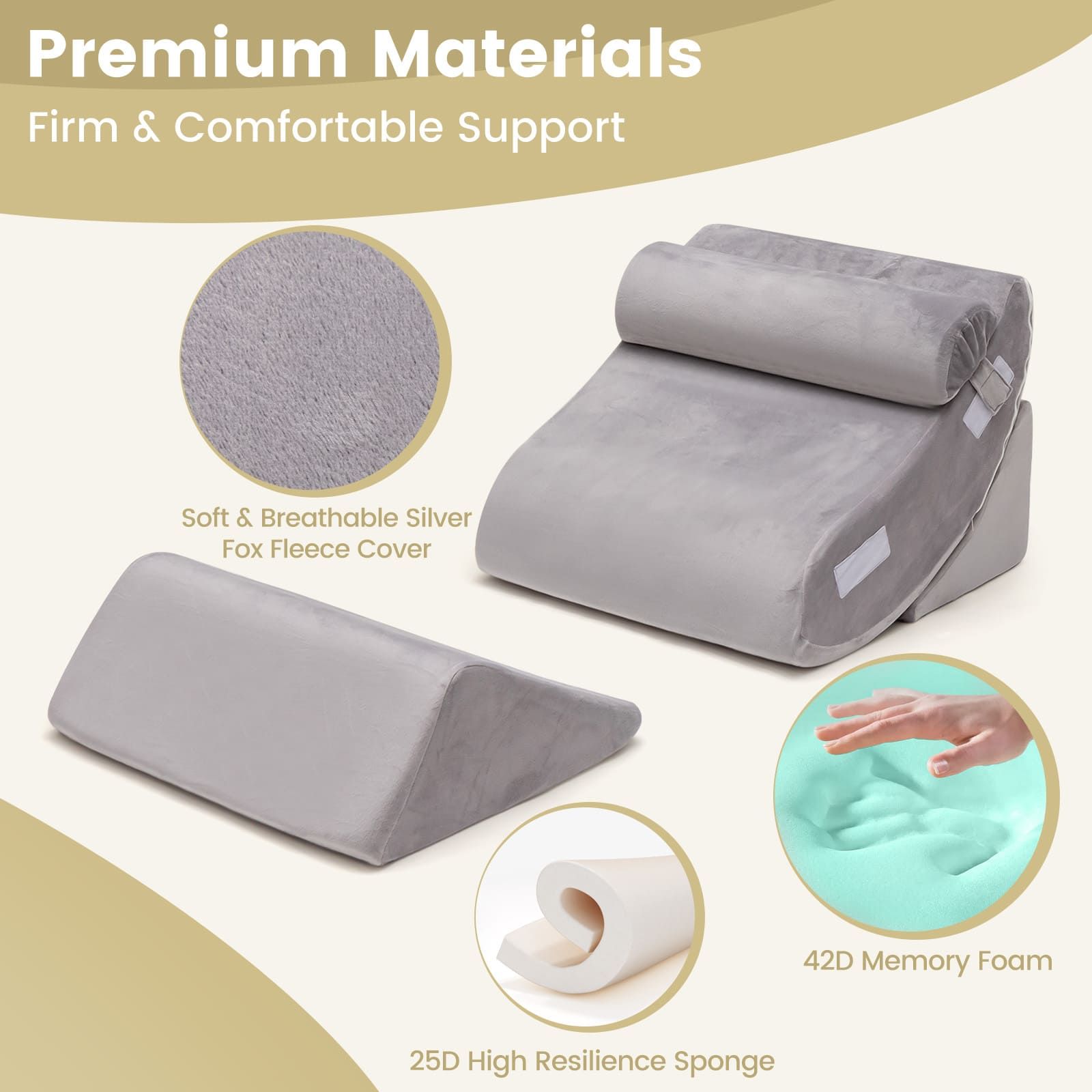 Costway 4pcs Bed Wedge Pillow Set Adjustable Bed Wedge Memory Foam Pillow Washable Cover in Grey 2