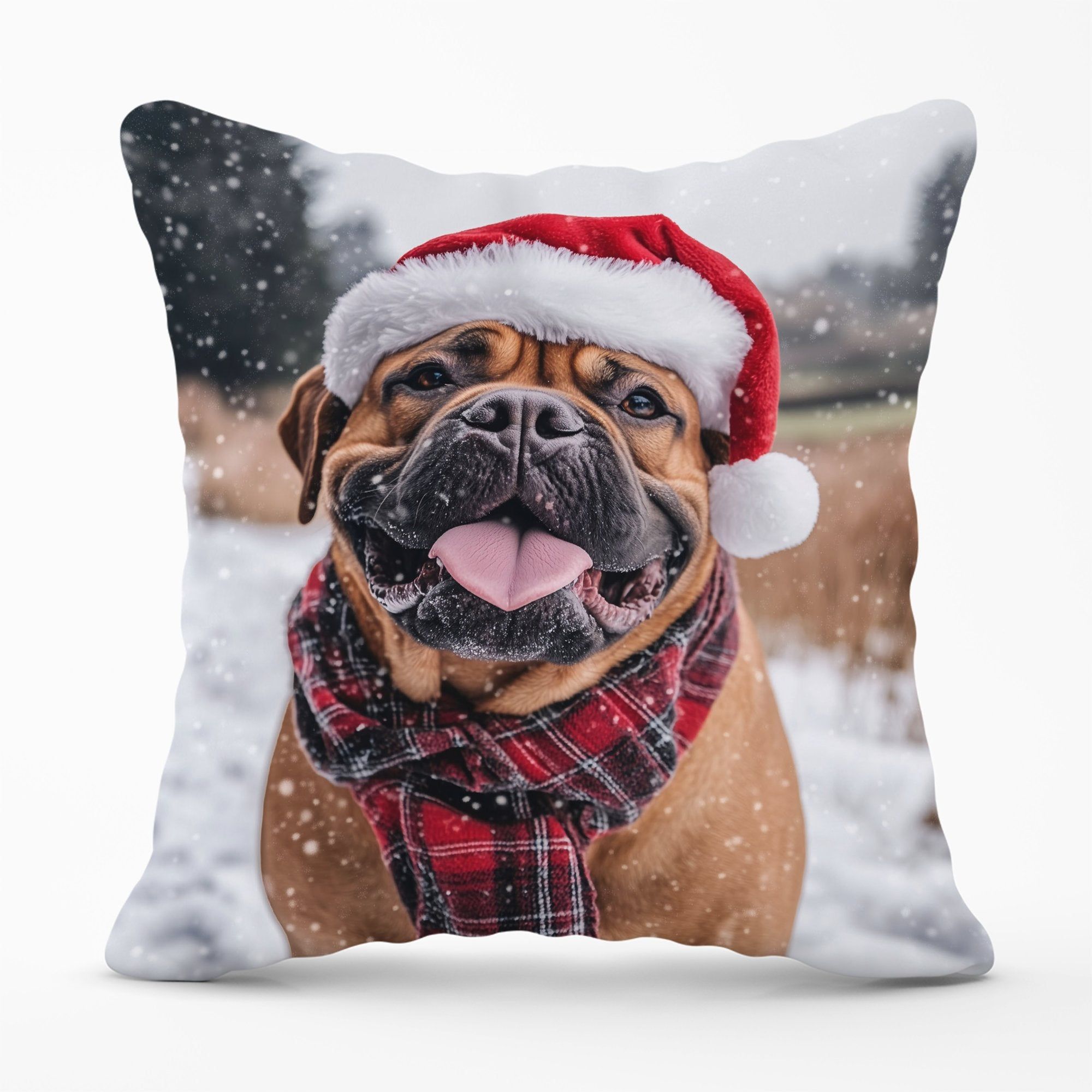 Warren Reed - Designer Snowy Christmas Bullmastiff Cushion in Brown