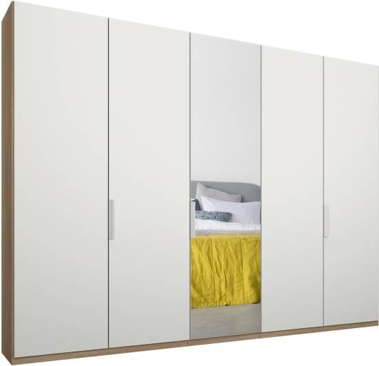 Caren 5 door 250cm Hinged Wardrobe, Oak Frame, Matt White and Mirror Doors