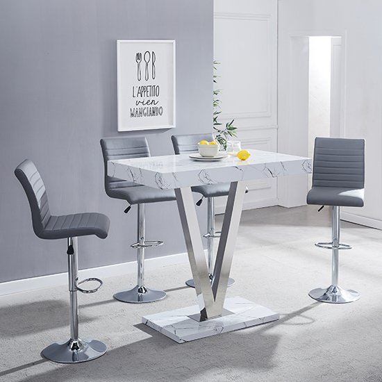Vienna Vida Marble Effect Gloss Bar Table 4 Ripple Grey Stool