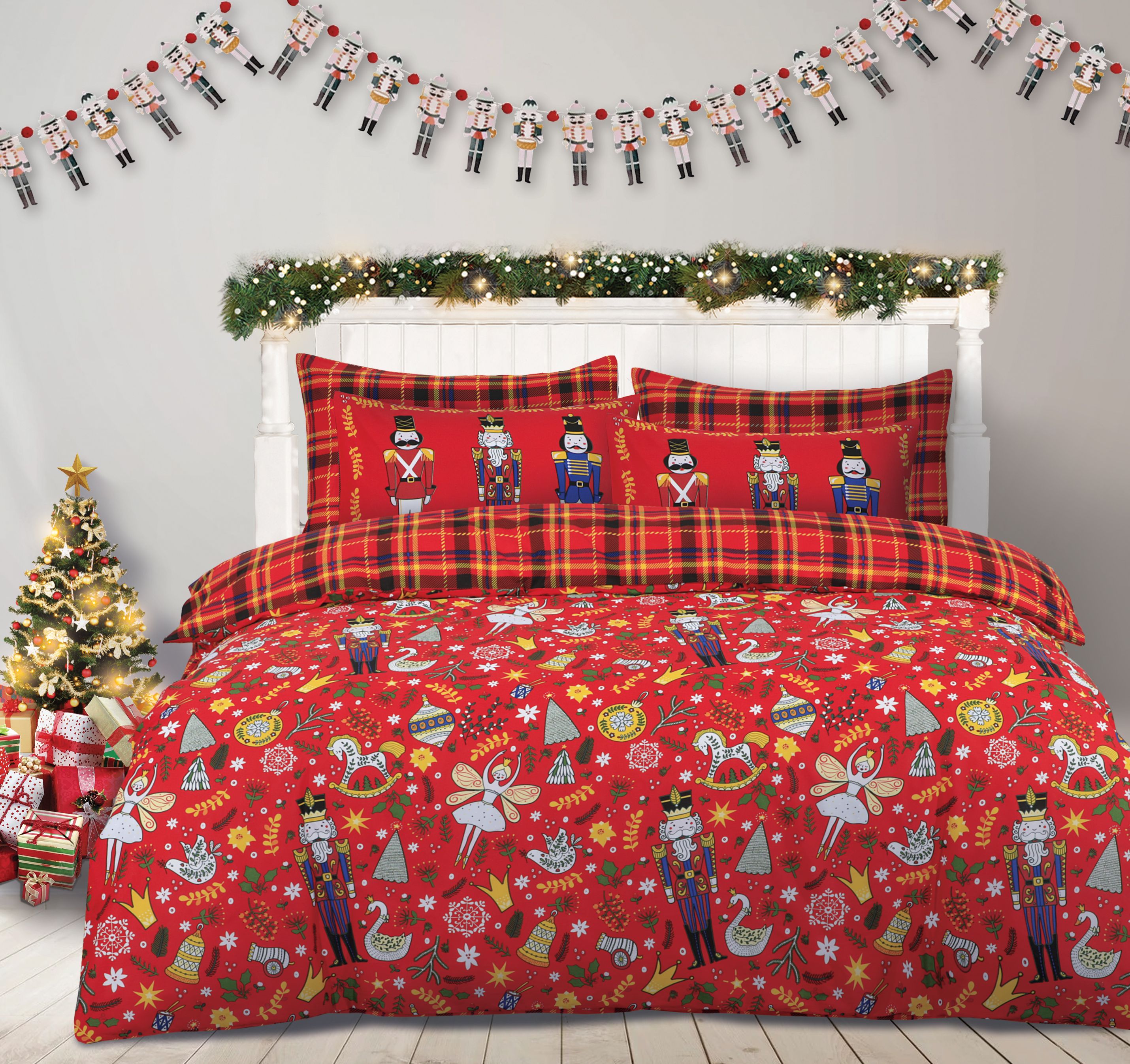 Velosso Nutcracker Cotton Rich Printed Duvet Cover & Pillowcase Set in Red