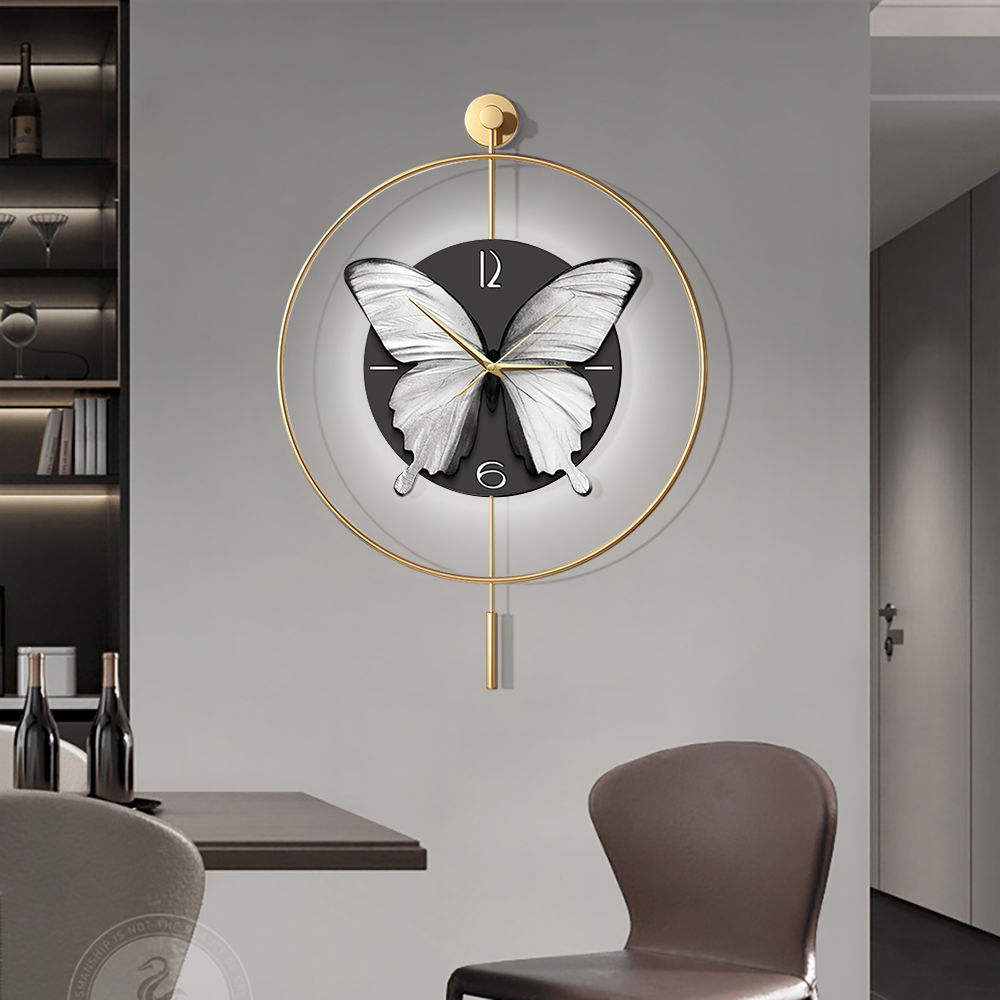 LED Golden Butterfly Pendulum Wall Clock Remote Control Adjustable Digital Clock