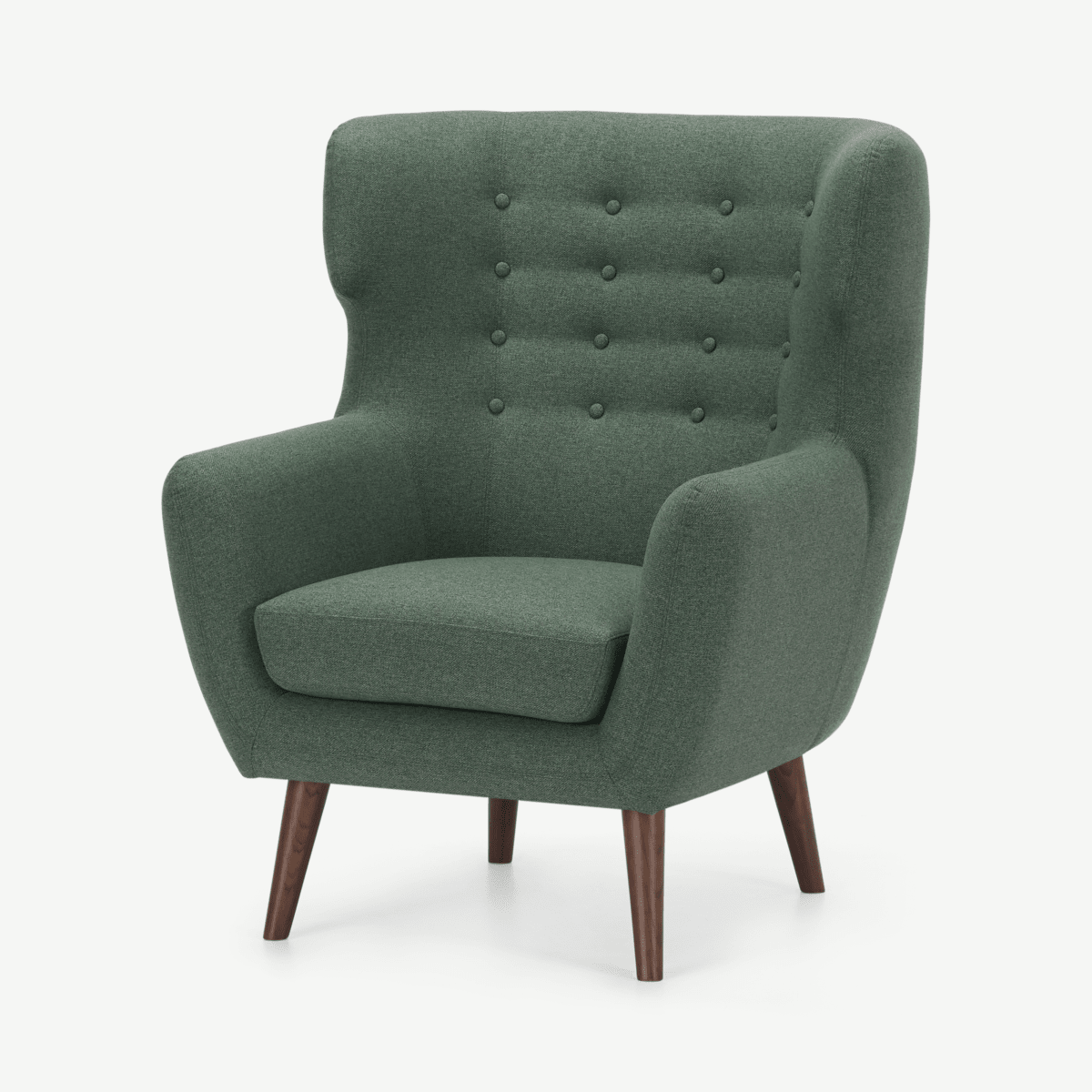 Kubrick Wing Back Chair, Darby Green Fabric with Dark Stain Legs