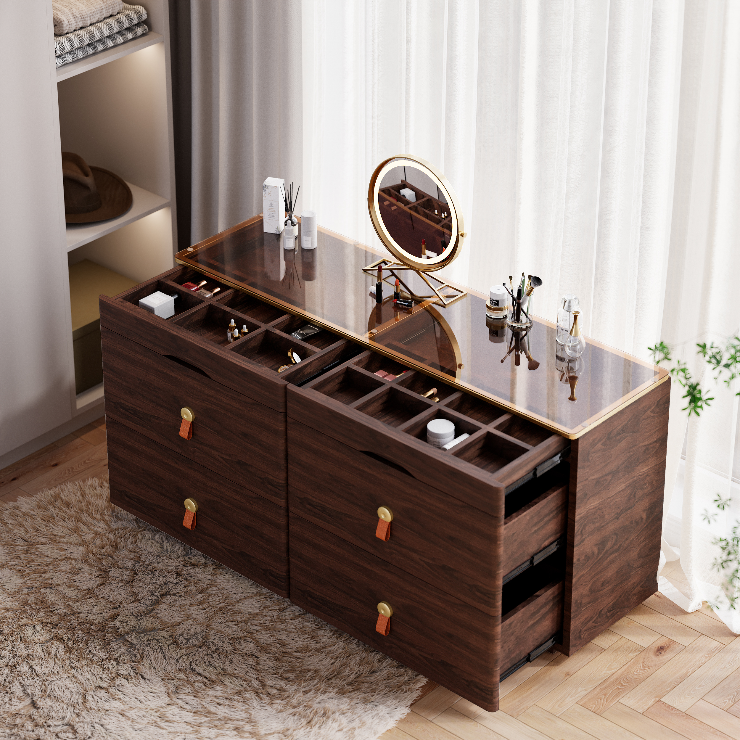 Glass Wood 1200 mm W Modern Walnut Dresser 6 Drawer Closet Island with Jewellery Display Storage