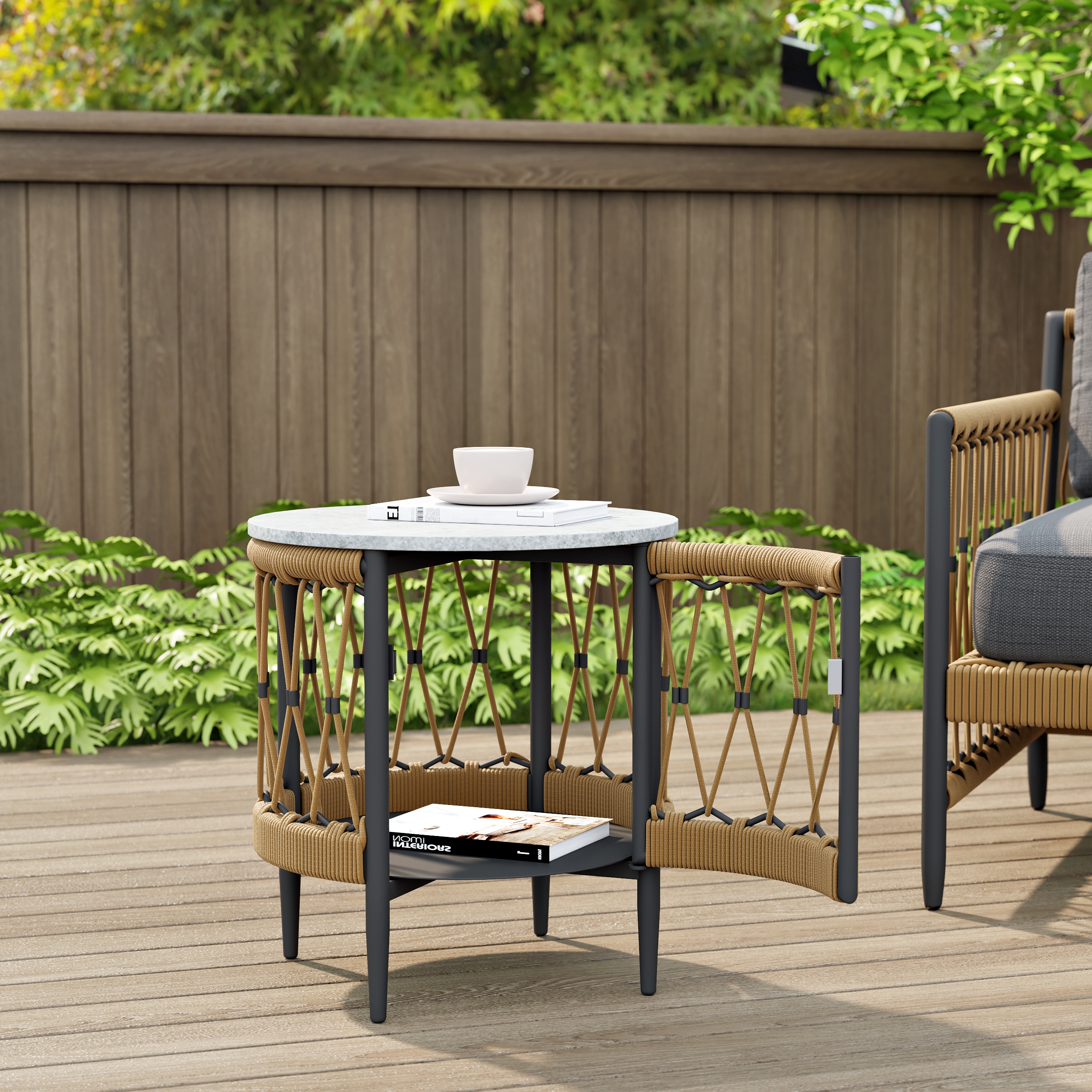 Ropipe 50 cm Round Outdoor Side Table with Storage Patio Weave Rope End Table in Dark Grey