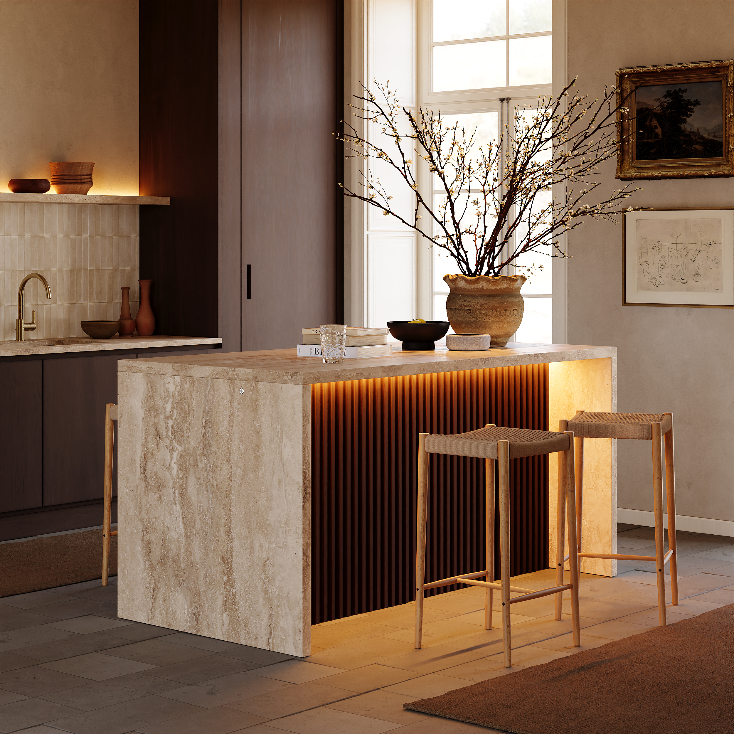 180 cm Modern Waterfall Kitchen lsland with Light & Storage
