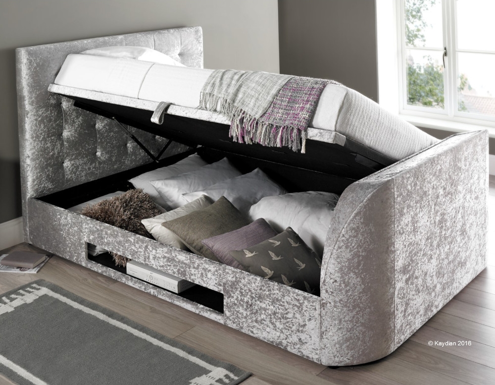 Barnard Silver Velvet Fabric Electric TV Ottoman Storage Bed Frame - 4ft6 Double