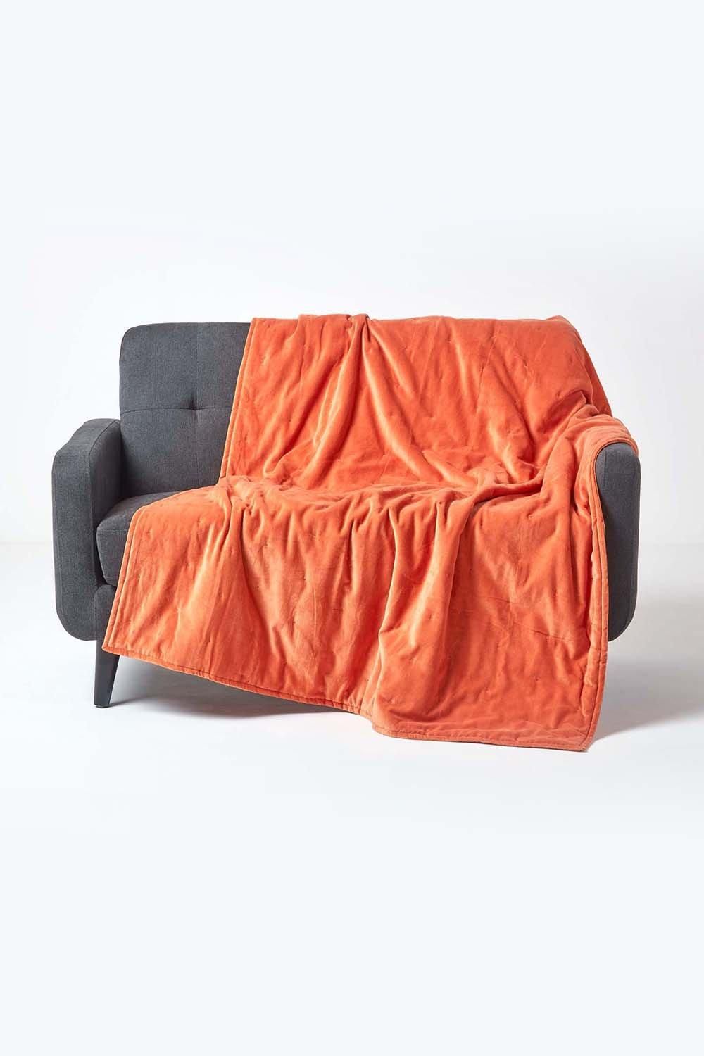 Homescapes Velvet Quilted Throw 100% Cotton, Soft & Luxurious Blanket in Burnt Orange