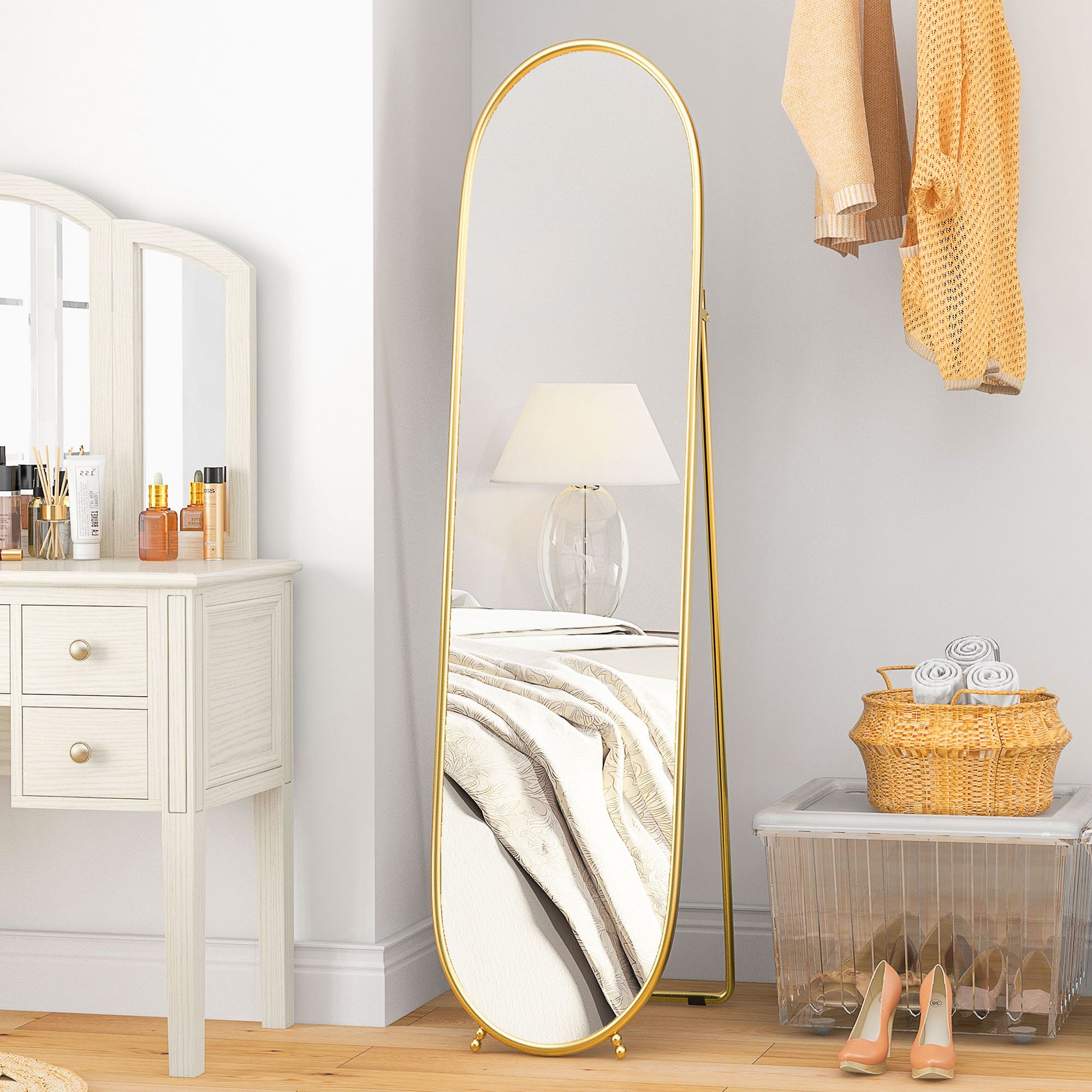 HOMCOM Oval Full Length Mirror with Metal Frame Hanging or Leaning in Gold