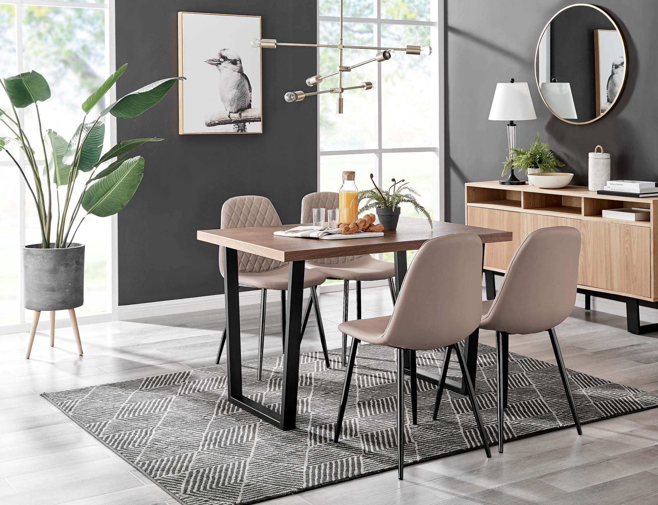 FurnitureboxUK Kylo Brown Wood Effect Dining Table With Black 'U' Legs & 4 Corona Faux Leather Chairs in Beige