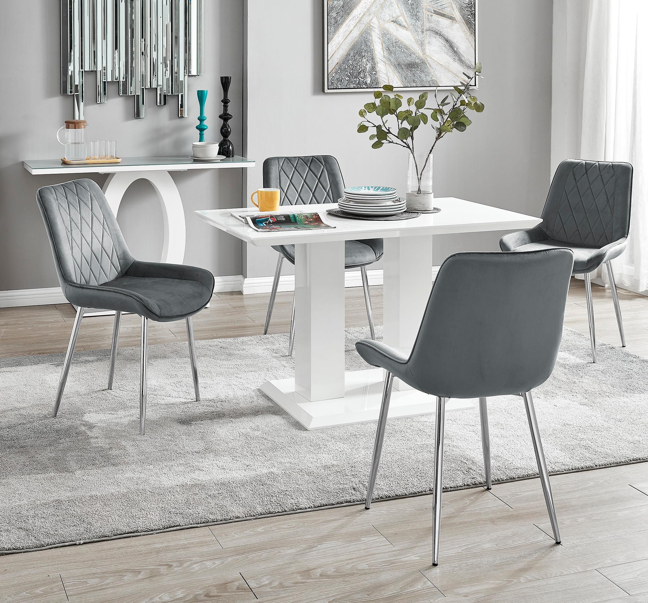 FurnitureboxUK Imperia 4 Seater Modern White High Gloss Rectangular Dining Table & 4 Persaro Velvet Chairs in Grey