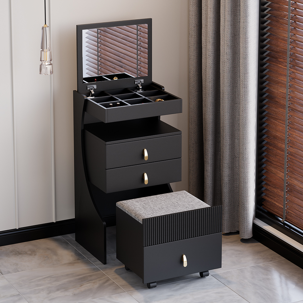 Modern Black Dressing Table with Chair with Flip Top Mirror Mini Dressing Table with Stool