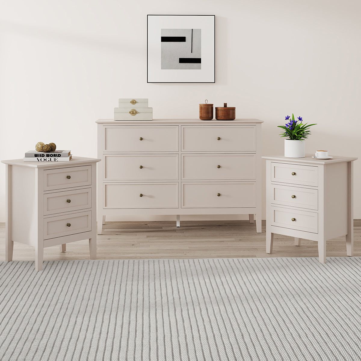 Melody Maison Large 6 Drawer Chest Of Drawers & Pair Of 3 Drawer Bedside Tables - Rowley Taupe Grey Range in Light Blue