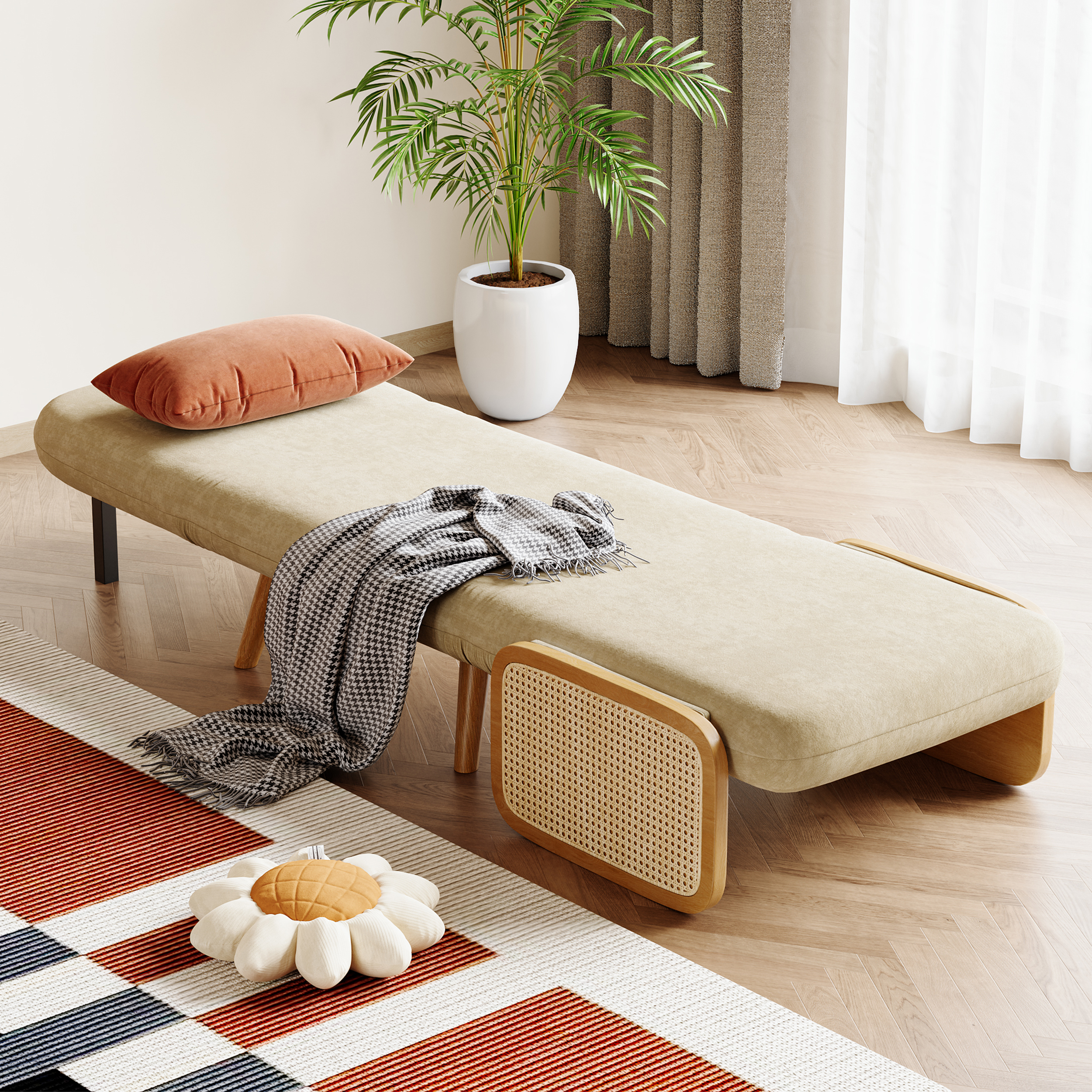 Up to 192 cm Convertible Single Sofa Bed Mid-Century Modern Sleeper Lounge Chair with Rattan Armrest