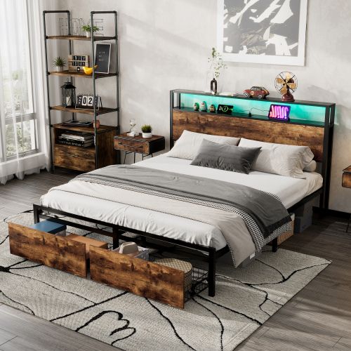 Matteo Metal Bed, 4ft6 Double Bed With LED Light Strip & 2 Drawers, 2 USB Port+1 Type in Black