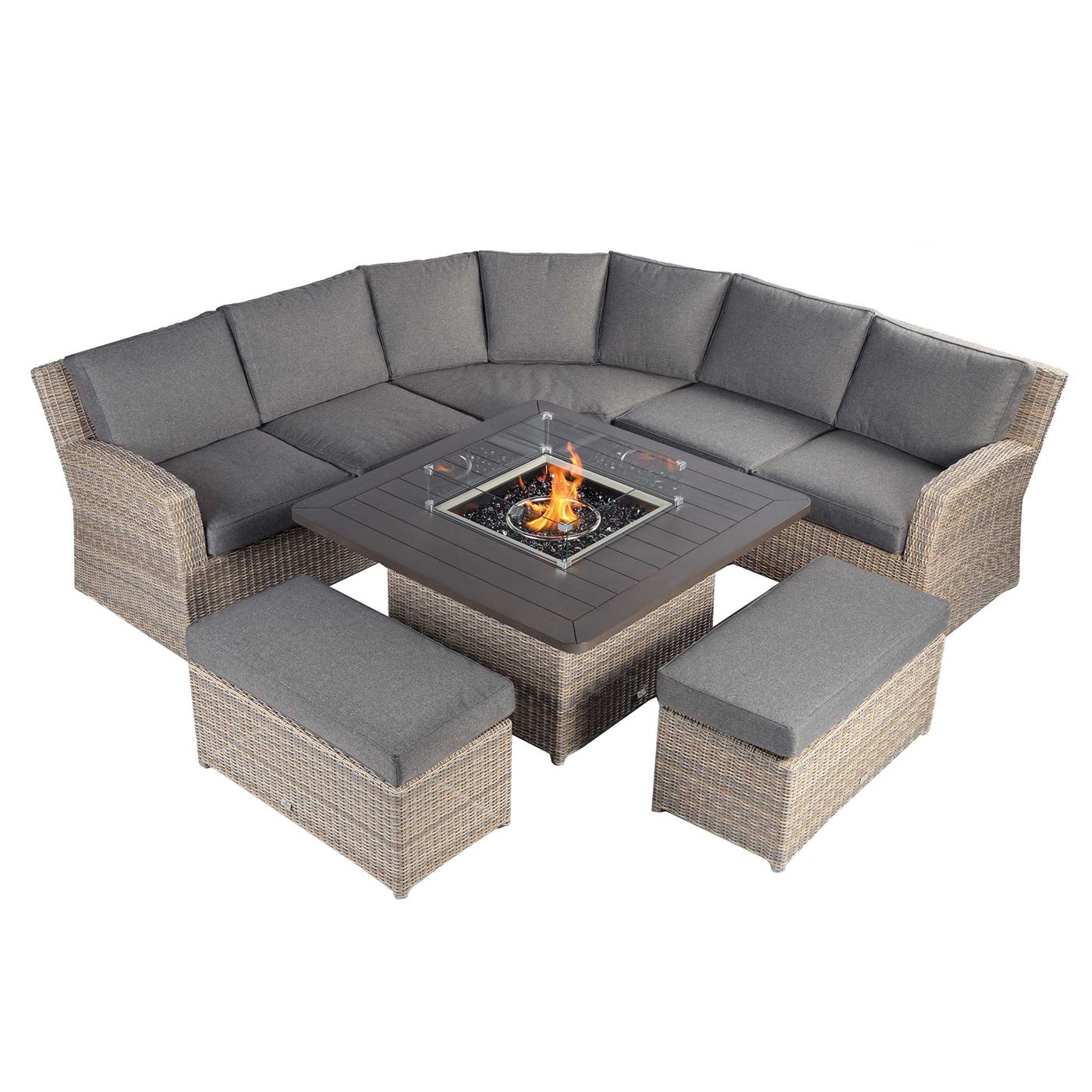 Calvia Garden Curved Corner Sofa Set in Driftwood Weave with Espresso Fabric
