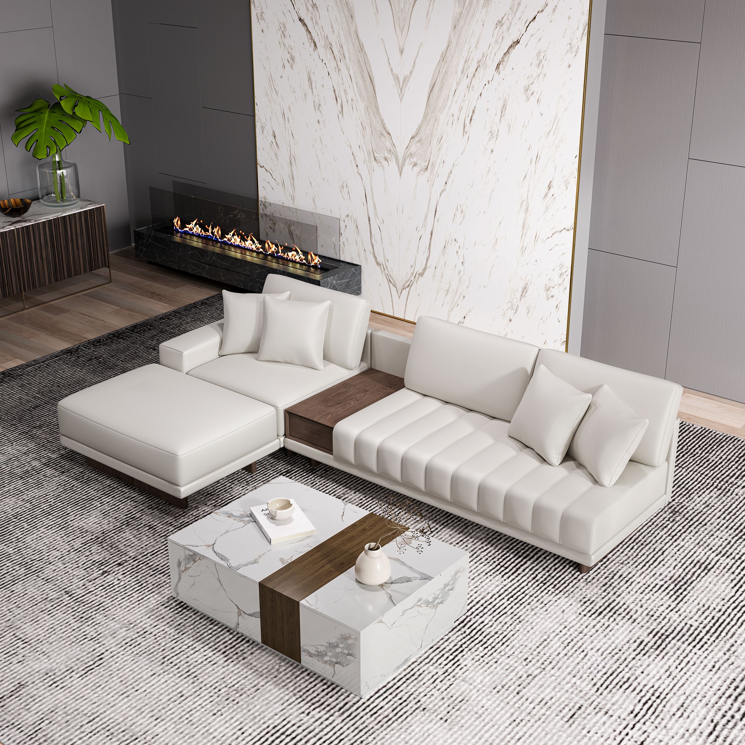 Modern Living Room Couch Set Leather L-Shaped White Modular Sectional Sofa & Wood Block Coffee Table