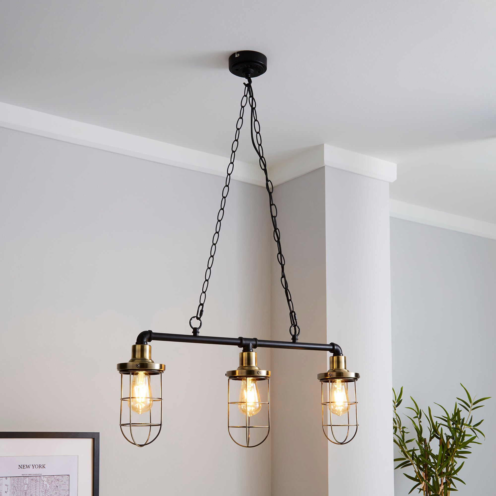 Milas Pipe Industrial 3 Light Bar Black Diner Ceiling Fitting Black