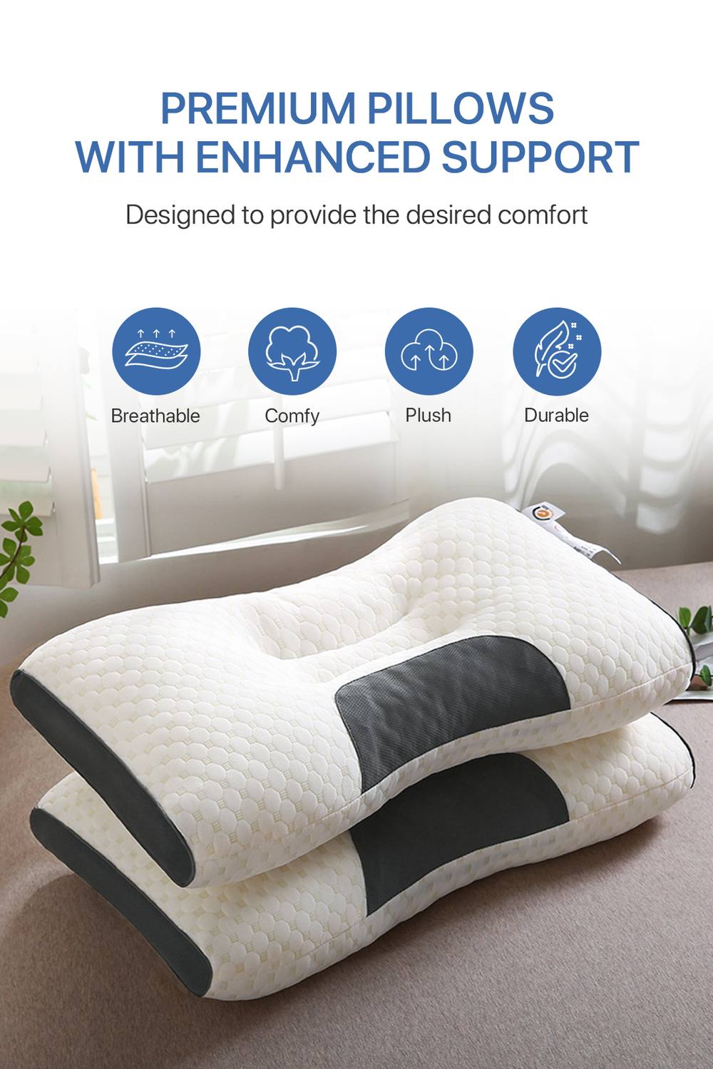 ExtraStar 2-Pack Contoured Orthopedic Pillows, Ergonomic Neck Support Pillows in White