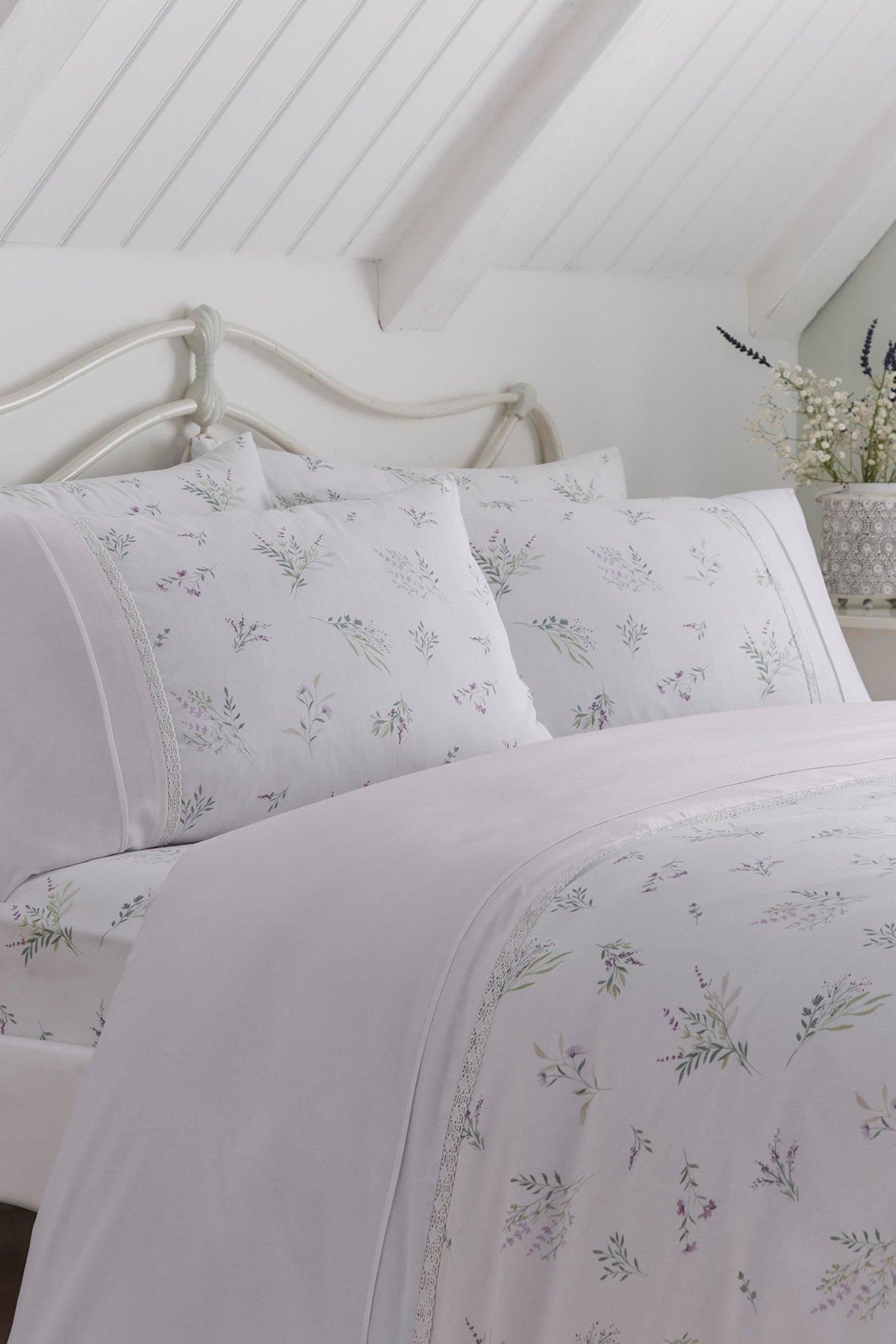 Dreams & Drapes 'Floral Sprig' Lace detail Duvet Cover Set in Lilac 2