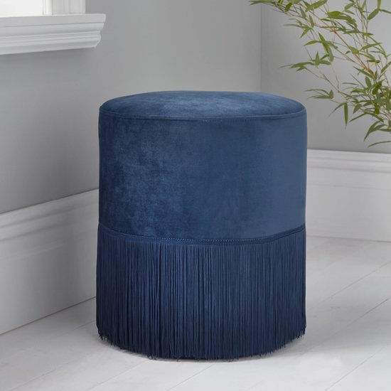Brunner Round Velvet Tassles Stool In Mystique Blue