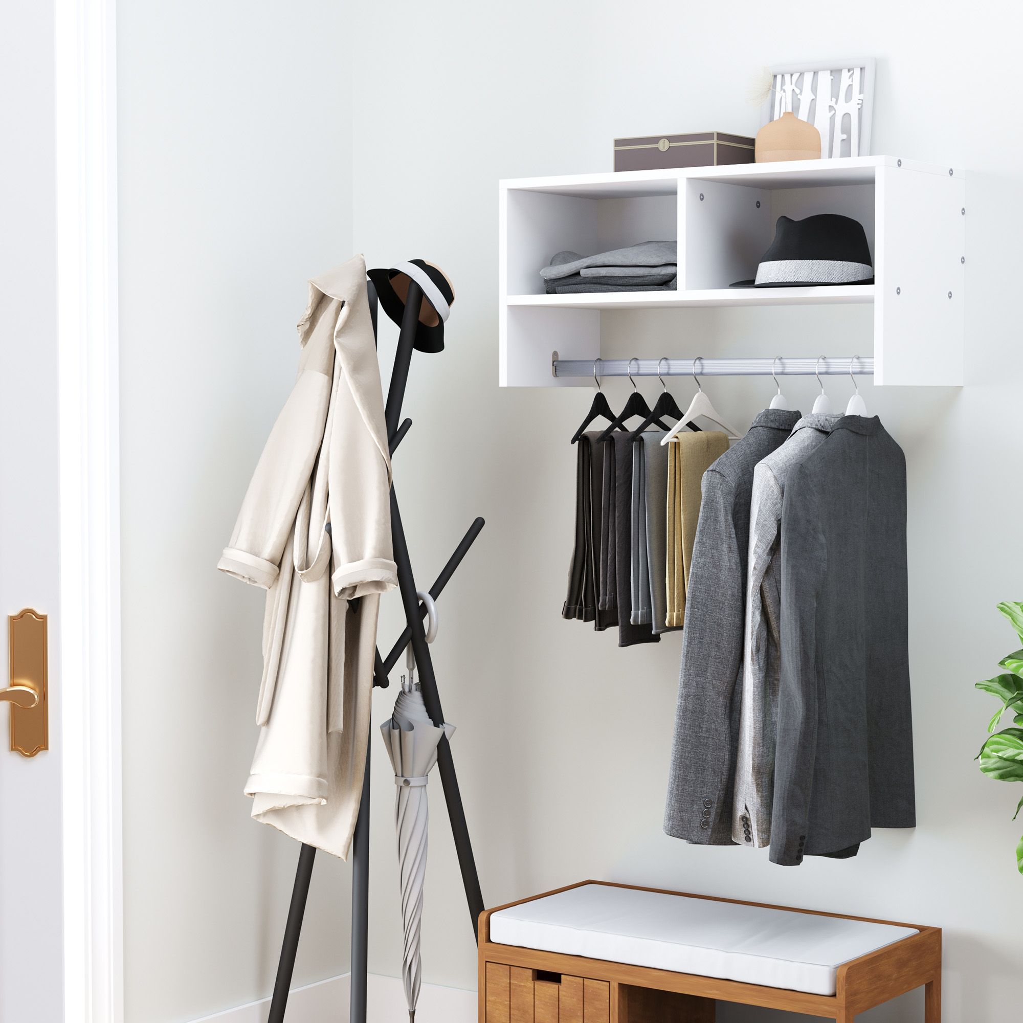 HOMCOM Storage Hat Rack Hanging Coat Organizer Rail Hanger Wall Mounted in White