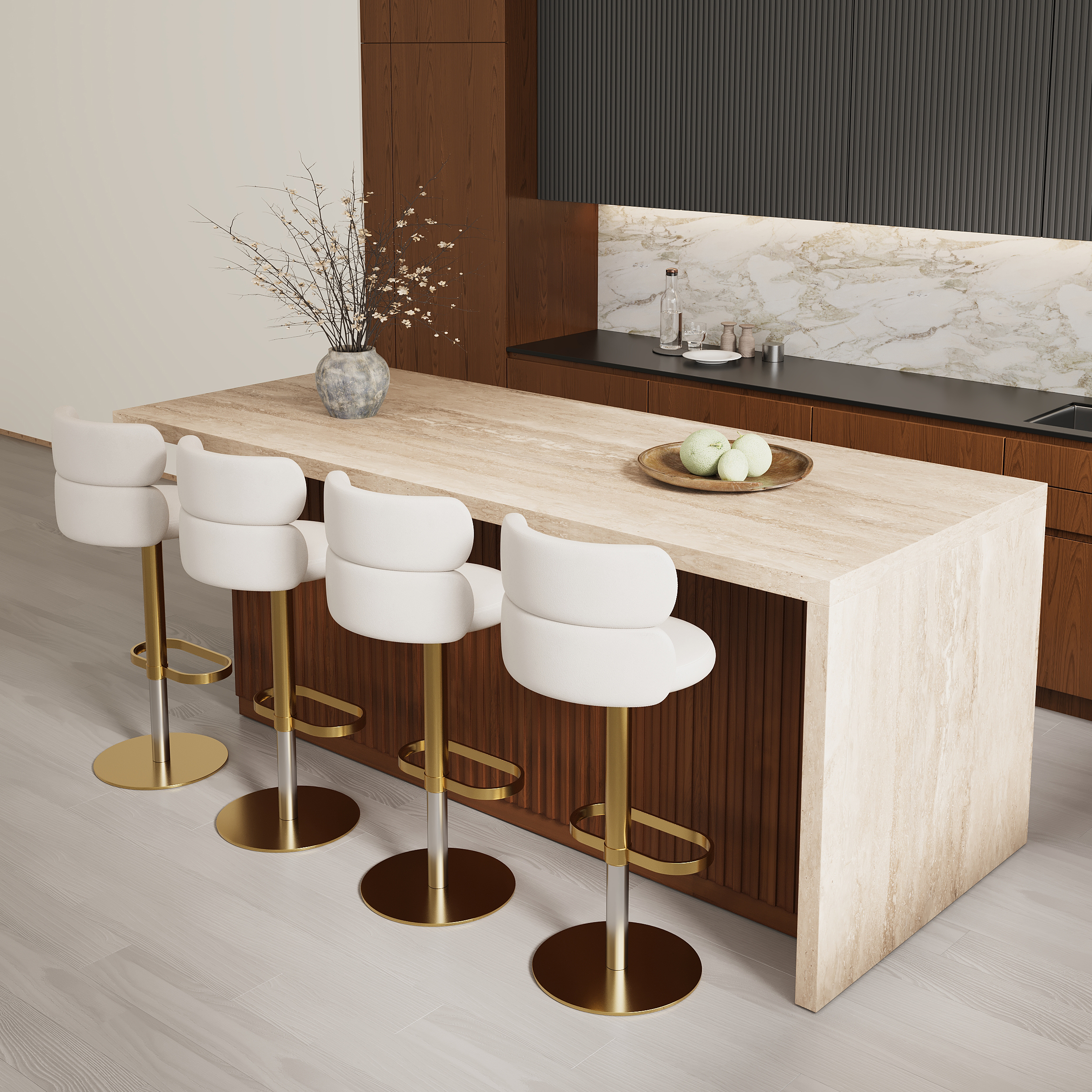 1830mm Modern Kitchen Island Walnut Laminate & 2 Counter Stools Set Storage Cabinet