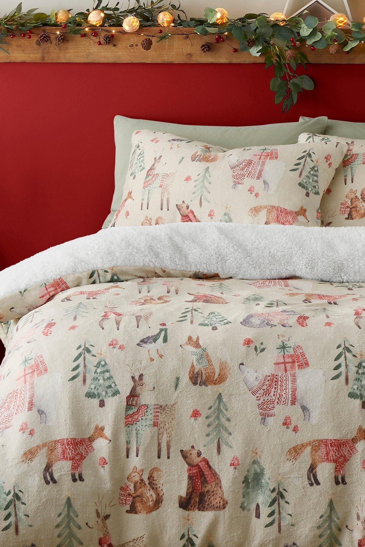 Fusion 'Christmas Woodland Animals' Plush Duvet Cover Set in Natural 2