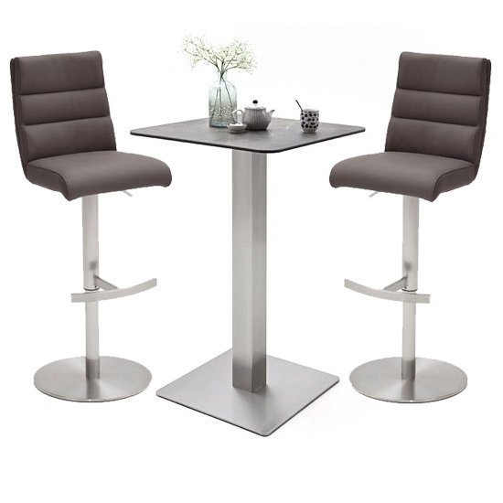 Soho Glass Bar Table With 2 Hiulia Brown Leather Stools