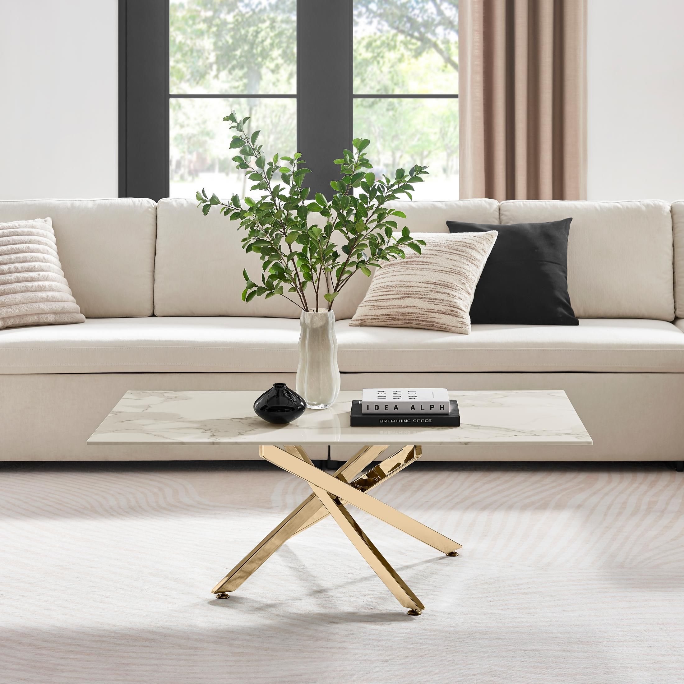 FurnitureboxUK Leonardo Rectangular Marble Effect Glass Top Coffee Table With Gold Metal Starburst Legs in White