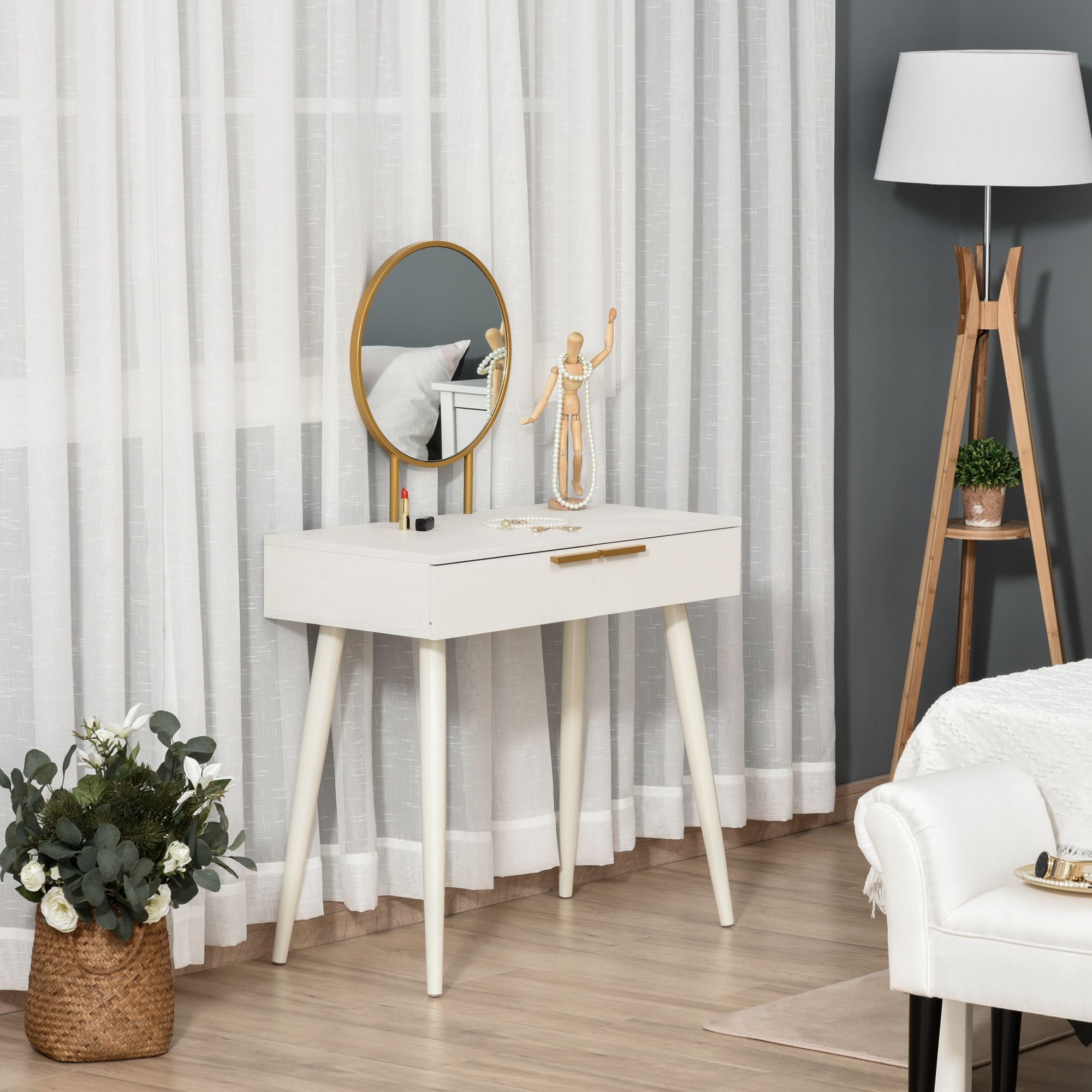 HOMCOM Modern Dressing Table w/ 2 Drawers Round Mirror for Bedroom White